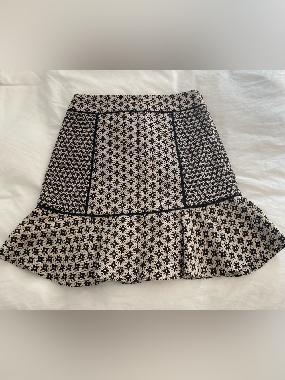 LOFT Black and Cream Patterned A-Line Skirt with Flounce Hem